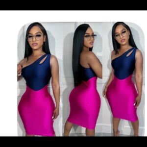 Elegant Pink and Blue One-Shoulder Dress